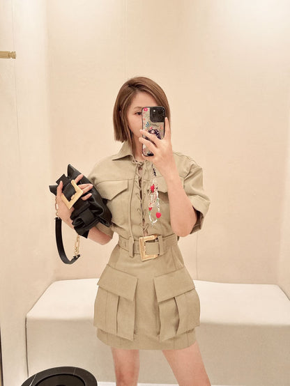 Short Sleeve Lace Up Detail Dress Came HV2748l