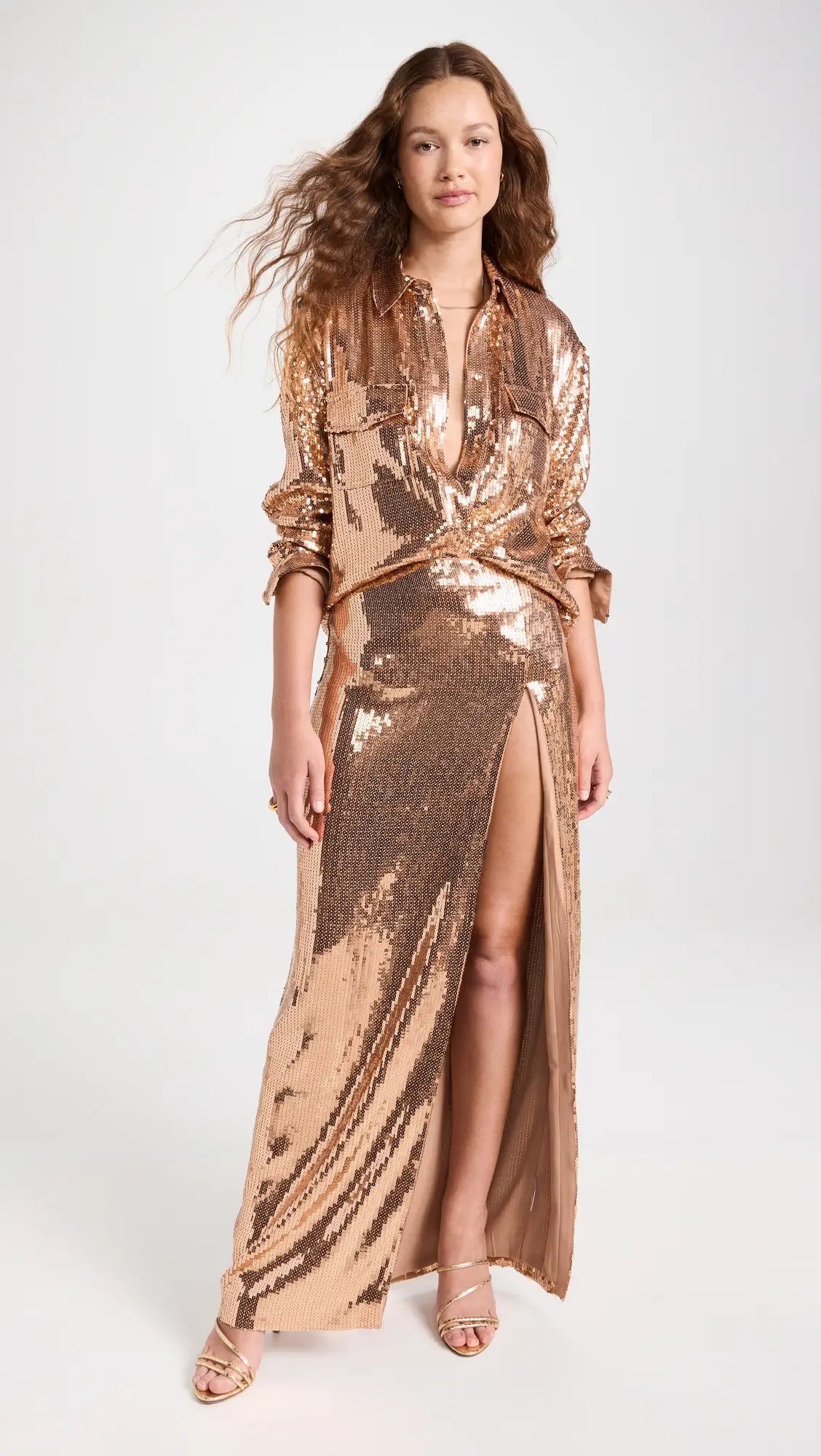 Long Sleeve Sequin Two Piece Midi Dress Gold HV9789