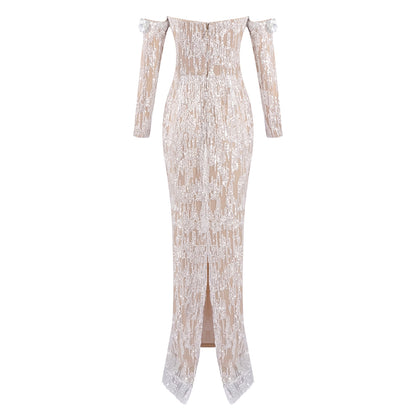 Long Sleeve Bardot Maxi Dress Nude HV2134