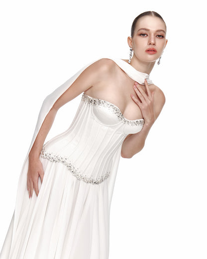 Strapless Embellished Bustier A Line Maxi Dress White HV3181