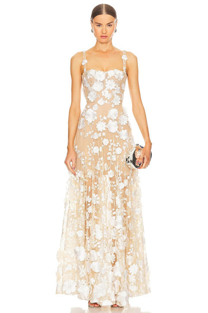 Floral Embroidered Maxi Dress White Nude HV1501
