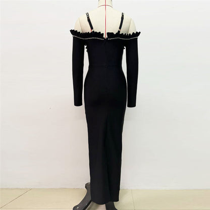 Long Sleeve Pearl Bustier Maxi Dress Black HV1671