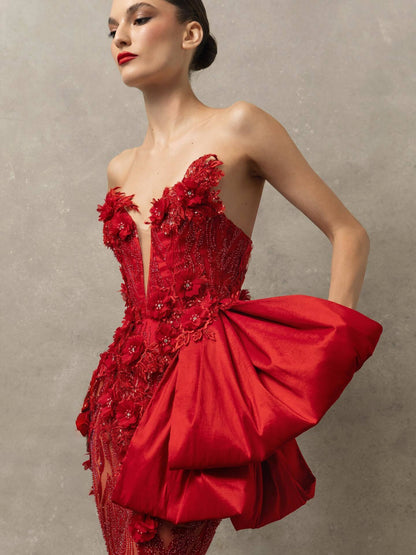 Strapless Floral Sequin Maxi Dress Red HV2729