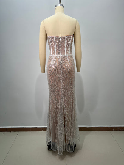 Strapless Pearl Sequin Structured Maxi Dress Nude HV2929