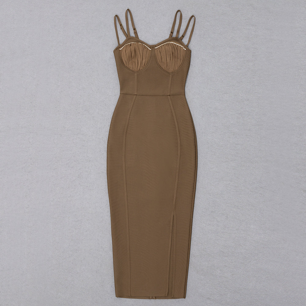 Crystal Draped Bustier Midi Dress Brown HV9797