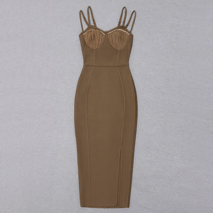 Crystal Draped Bustier Midi Dress Brown HV9797