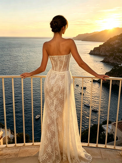 Strapless Draped Lace Bustier Maxi Dress Ivory HV3230
