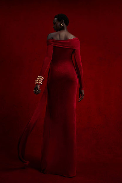 Long Sleeve Draped Bardot Maxi Velvet Dress Red HV2061