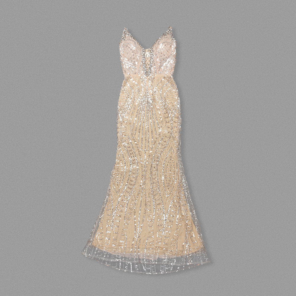 Strapless Crystal Sequin Maxi Dress Nude HV2196