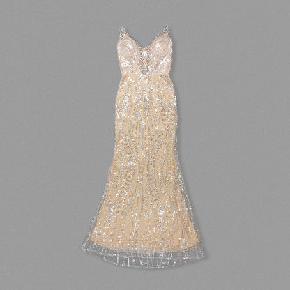 Strapless Crystal Sequin Maxi Dress Nude HV2196