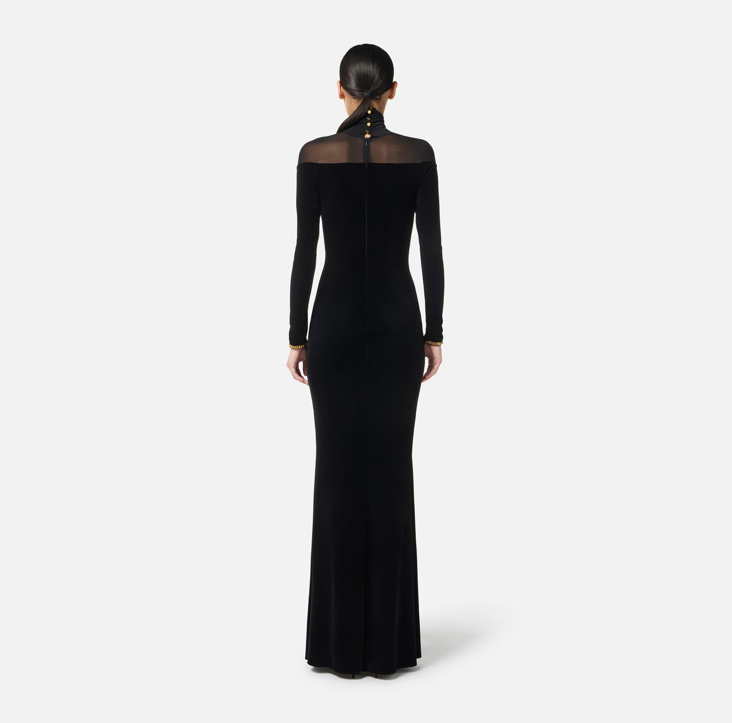 Long Sleeve Mesh Insert Maxi Velvet Dress Black HV0055