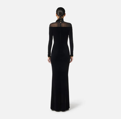 Long Sleeve Mesh Insert Maxi Velvet Dress Black HV0055