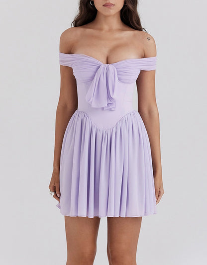 Draped Bardot Bow A Line Dress Lavender HV2635