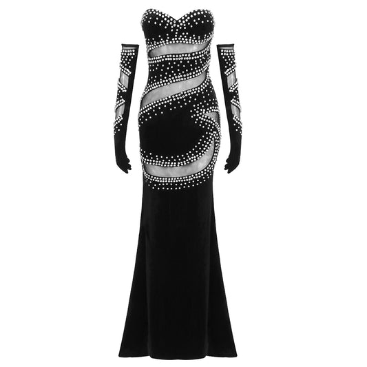 Strapless Crystal Mesh Maxi Velvet Dress Black HV1496