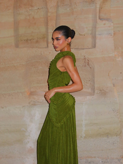 One Shoulder Maxi Velvet Dress Green HV2761