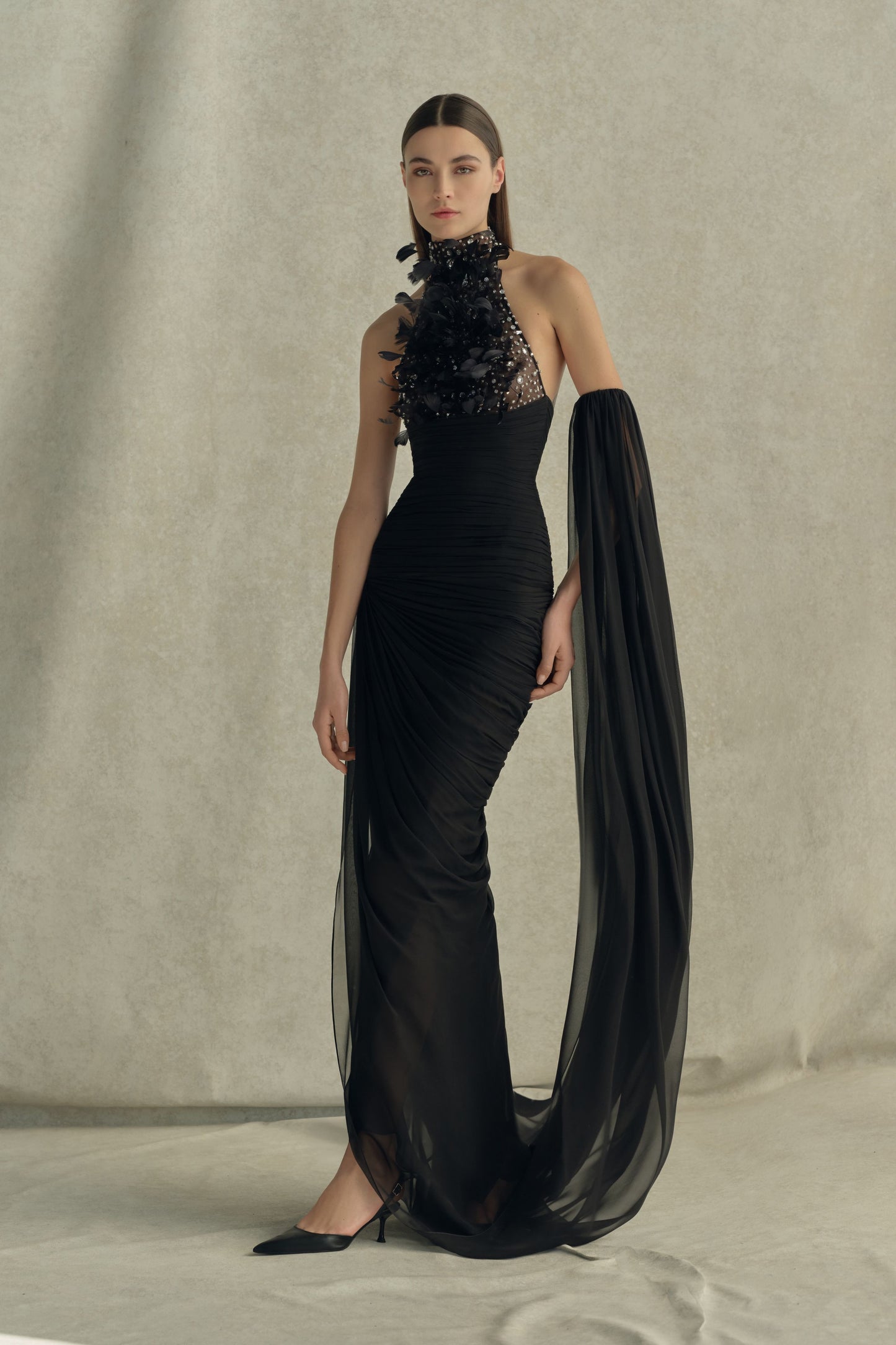 Halter Crystal Feather Draped Mesh Maxi Dress Black HV3081