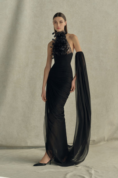 Halter Crystal Feather Draped Mesh Maxi Dress Black HV3081