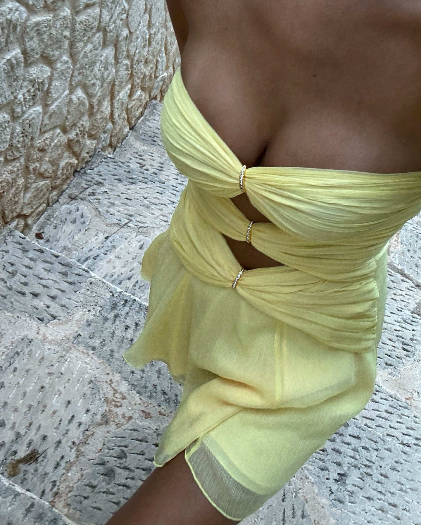 Strapless Ruched A Line Dress Yellow HV1651