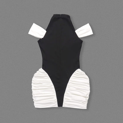 Cold Shoulder Ruched Dress Black White HV2660