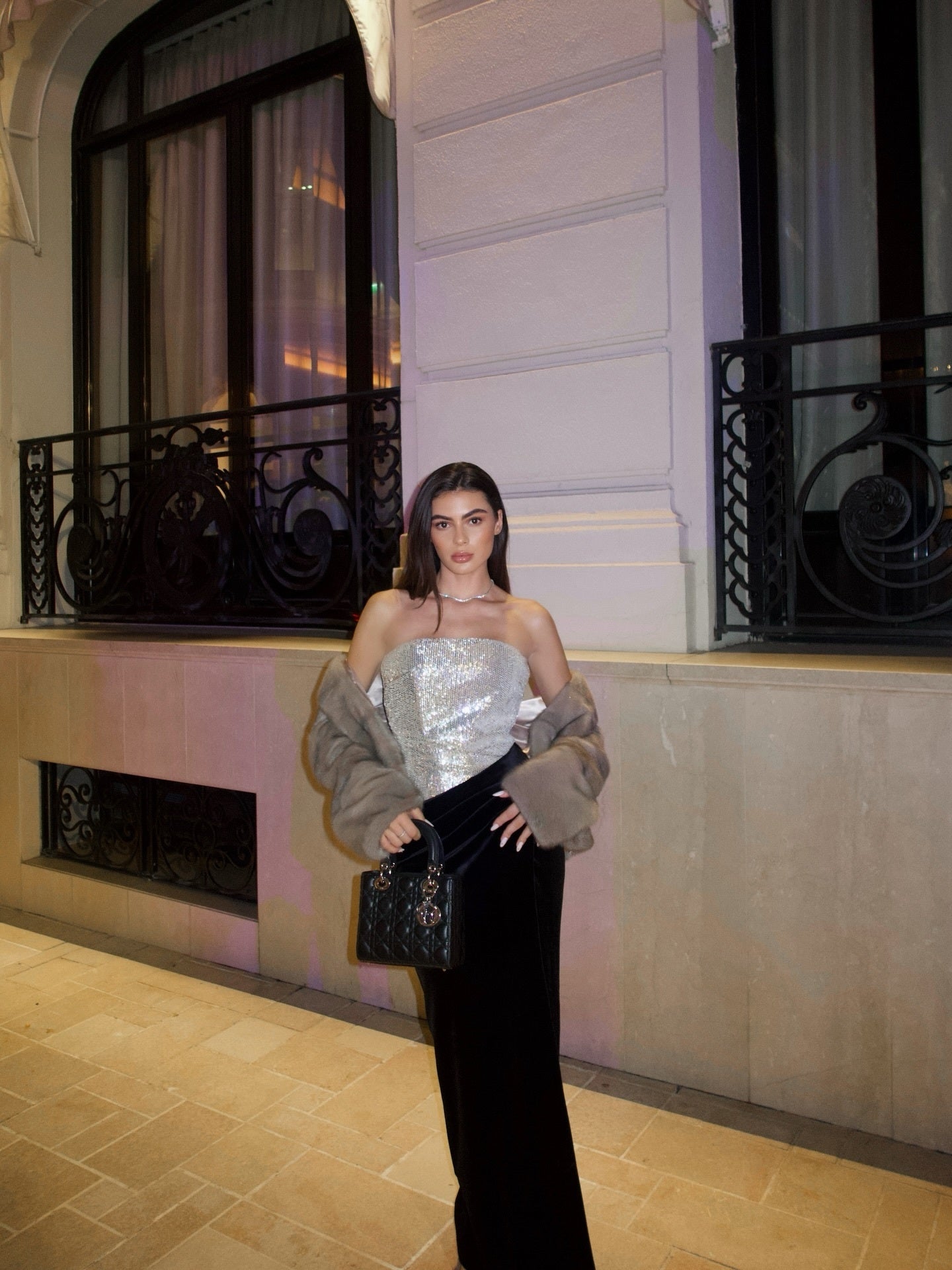 Strapless Sequin Velvet Maxi Dress Black Silver HV2736