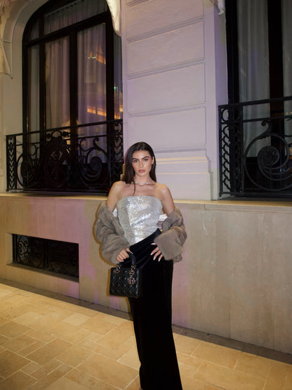 Strapless Sequin Velvet Maxi Dress Black Silver HV2736