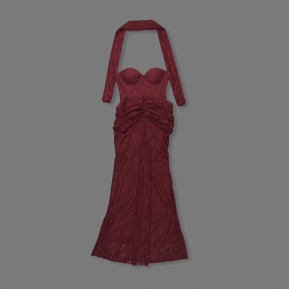 Strapless Draped Lace Bustier Maxi Dress Burgundy HV2706