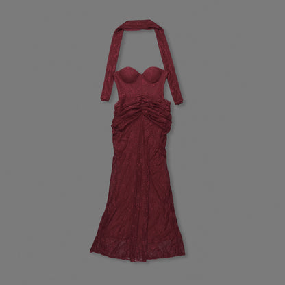 Strapless Draped Lace Bustier Maxi Dress Burgundy HV2706