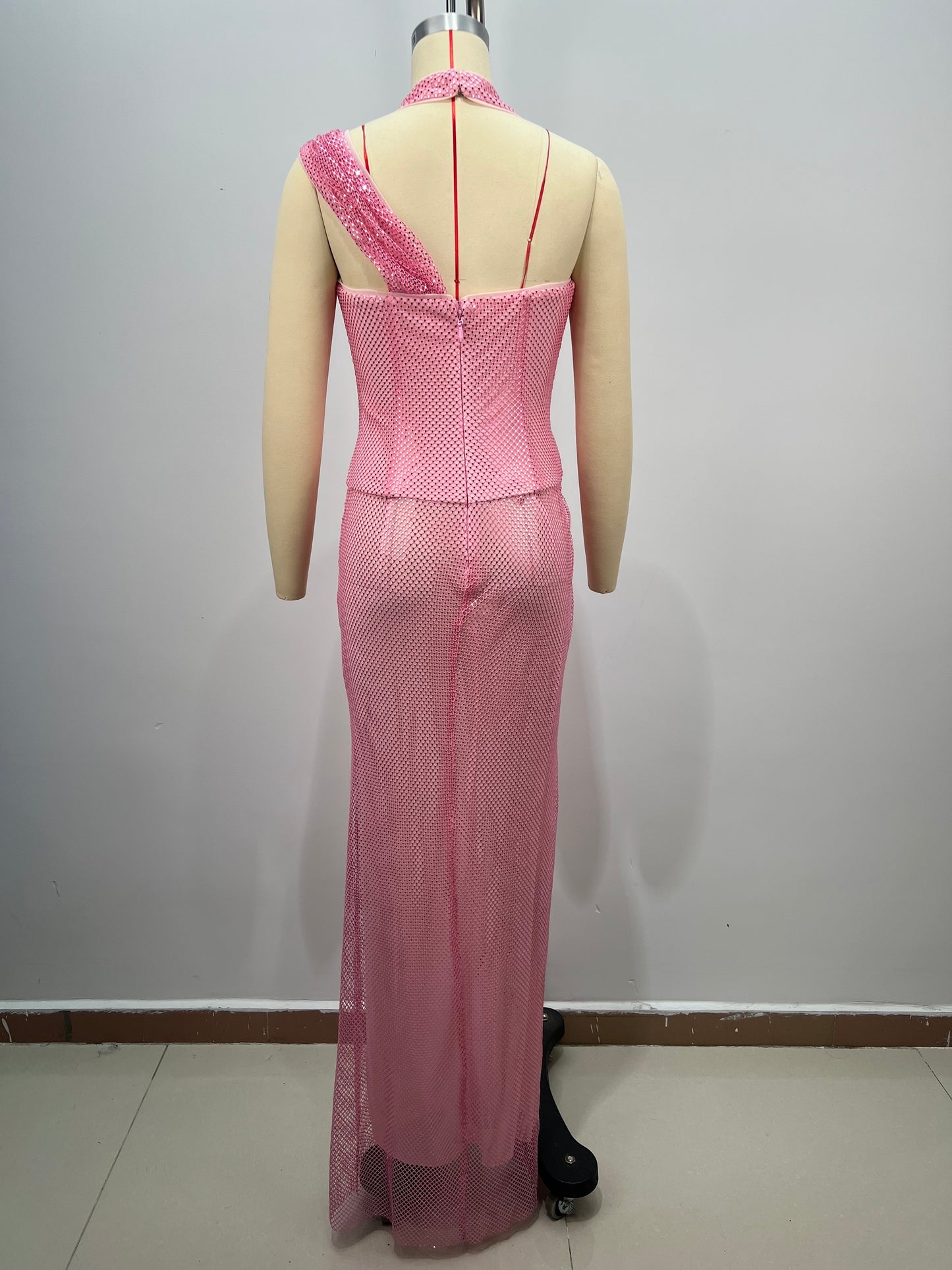 Halter Sparkly Two Piece Maxi Dress Pink HV2714