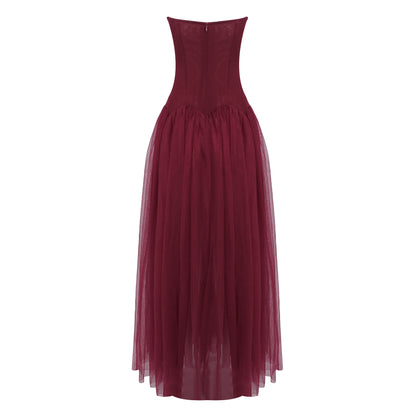Strapless Structured A Line Maxi Dress Burgundy HV0086