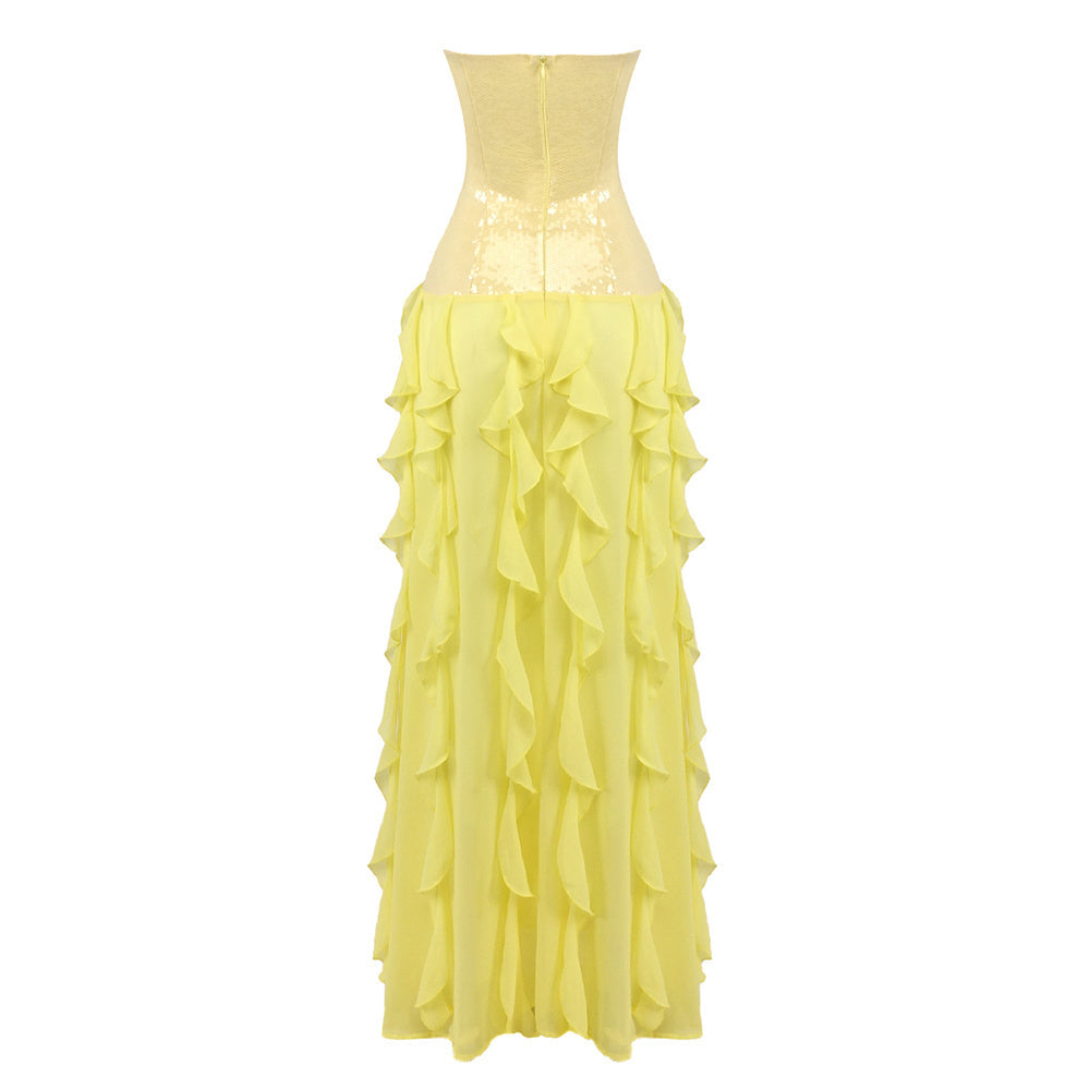 Strapless Sequin Ruffle Maxi Dress Yellow HV0047
