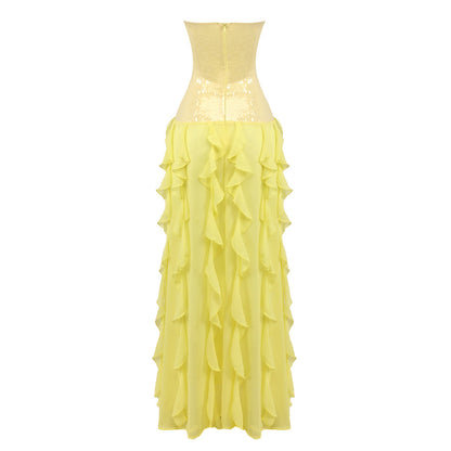 Strapless Sequin Ruffle Maxi Dress Yellow HV0047