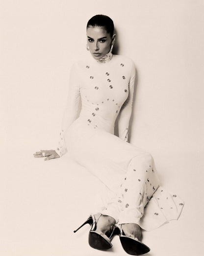 Long Sleeve Studded Maxi Dress White HV2621