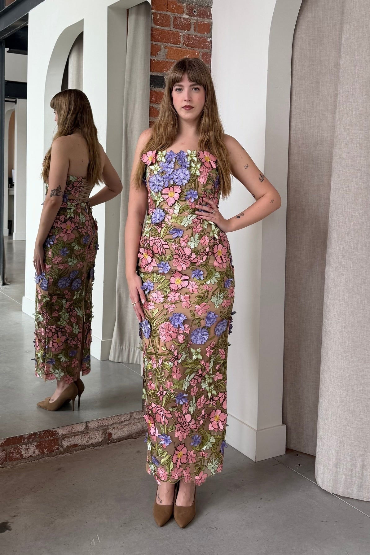 Strapless Floral Corset Maxi Dress Pink Green HV2883