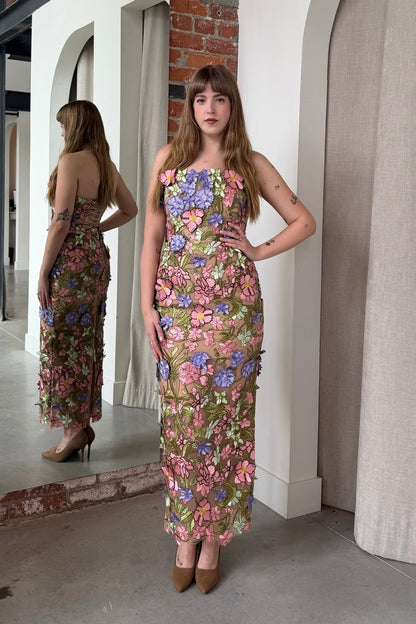 Strapless Floral Corset Maxi Dress Pink Green HV2883