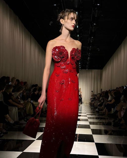 Strapless Flower Sequin Maxi Dress Red HV1007