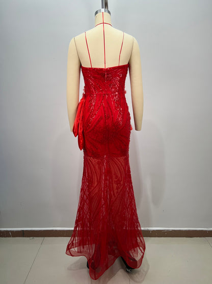 Strapless Floral Sequin Maxi Dress Red HV2729