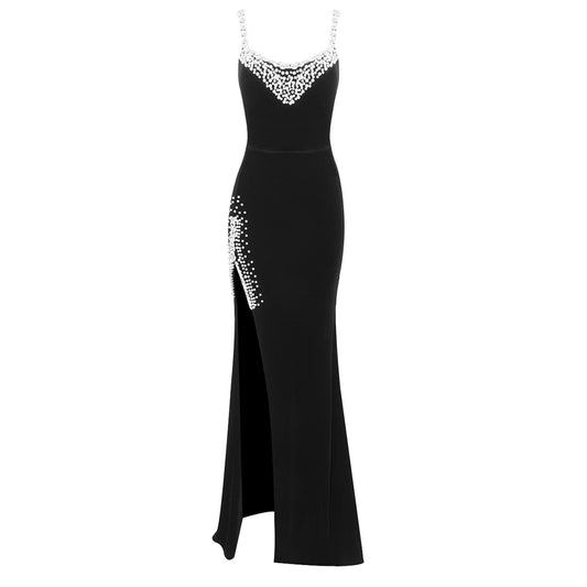 Embellished Maxi Velvet Dress Black HV1116