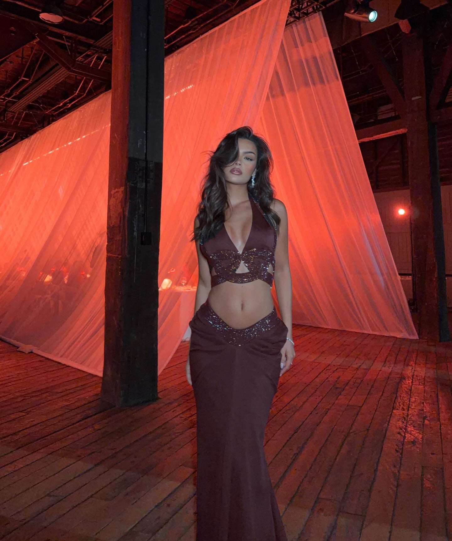 Halter Draped Two Piece Maxi Dress Brown Burgundy HV0072