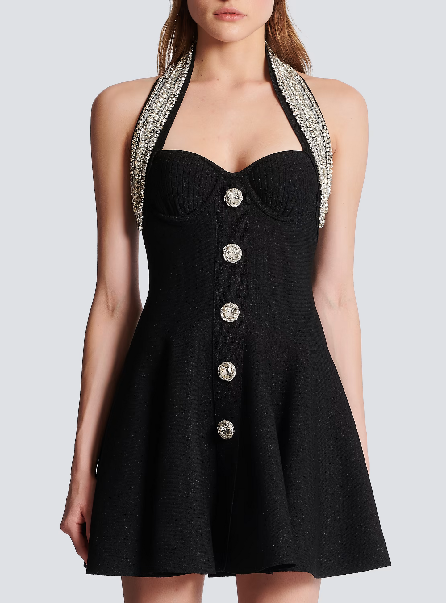 Halter Crystal Bustier A Line Dress Black HV1180