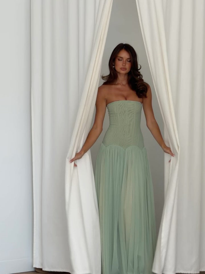 Strapless A Line Maxi Dress Green HV0086