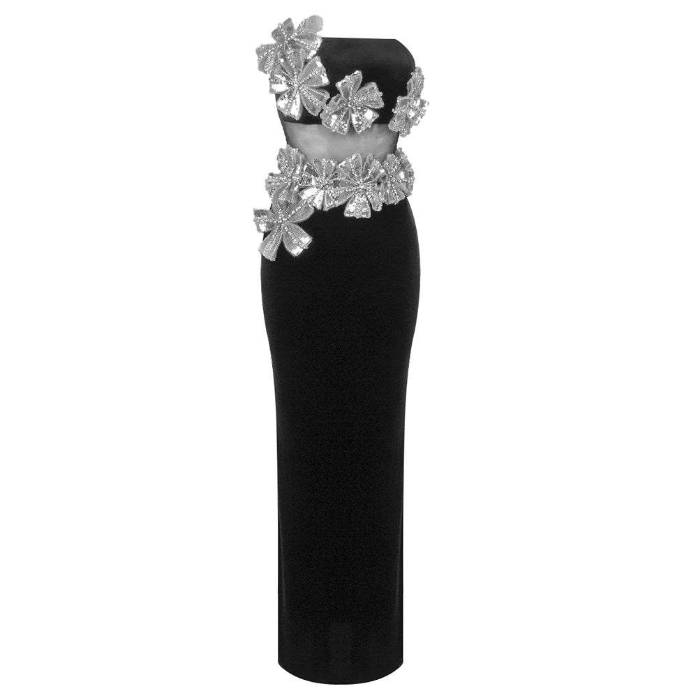 Strapless Sequin Floral Maxi Velvet Dress Black HV1696