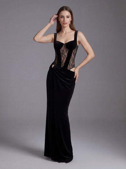 Lace Bustier Draped Maxi Velvet Dress Black HV2918