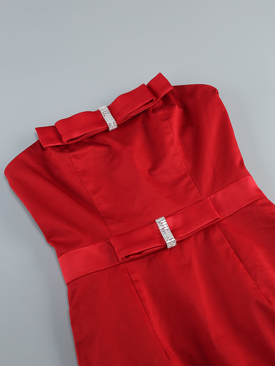 Strapless Bow Detail Midi Dress Red