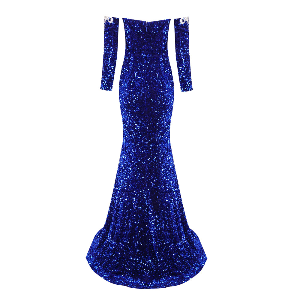 Strapless Crystal Floral Lace Sequin Maxi Dress Blue