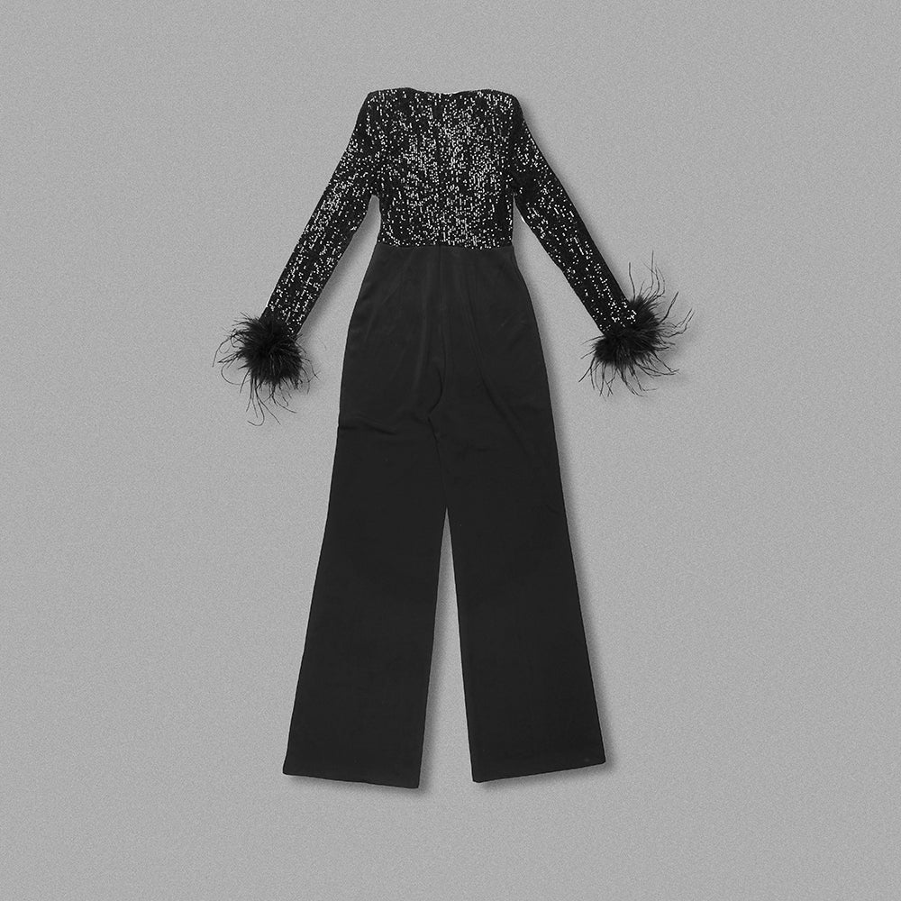 Long Sleeve Sequin Feather Jumpsuit Black HV1079