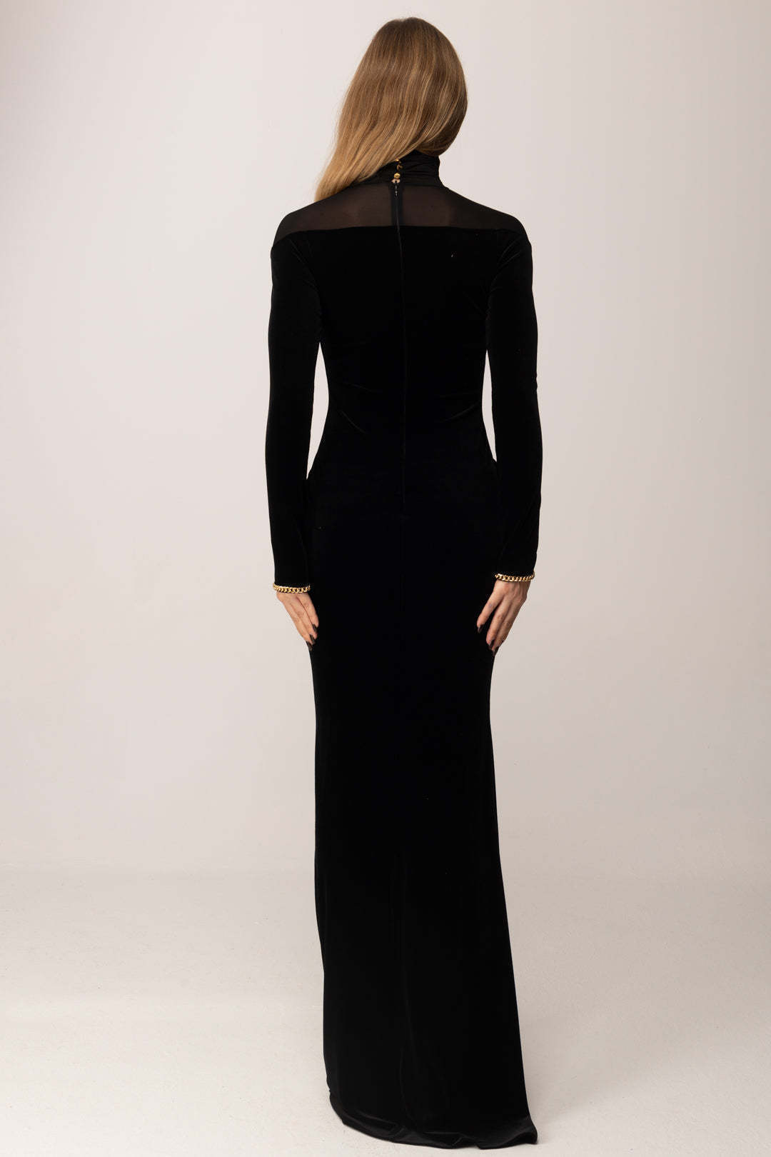 Long Sleeve Mesh Insert Maxi Velvet Dress Black HV0055