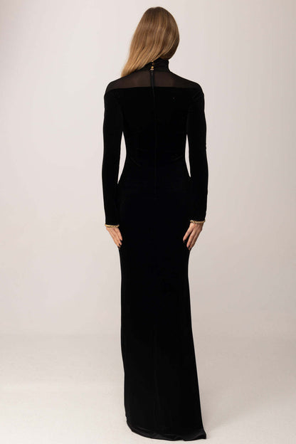 Long Sleeve Mesh Insert Maxi Velvet Dress Black HV0055