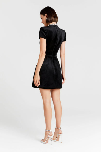 Short Sleeve Crystal Neckline Dress Black HV2724