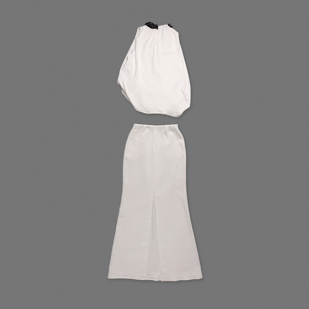 Embellished Detail Draped Two Piece Maxi Dress White HV0133