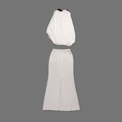 Embellished Detail Draped Two Piece Maxi Dress White HV0133